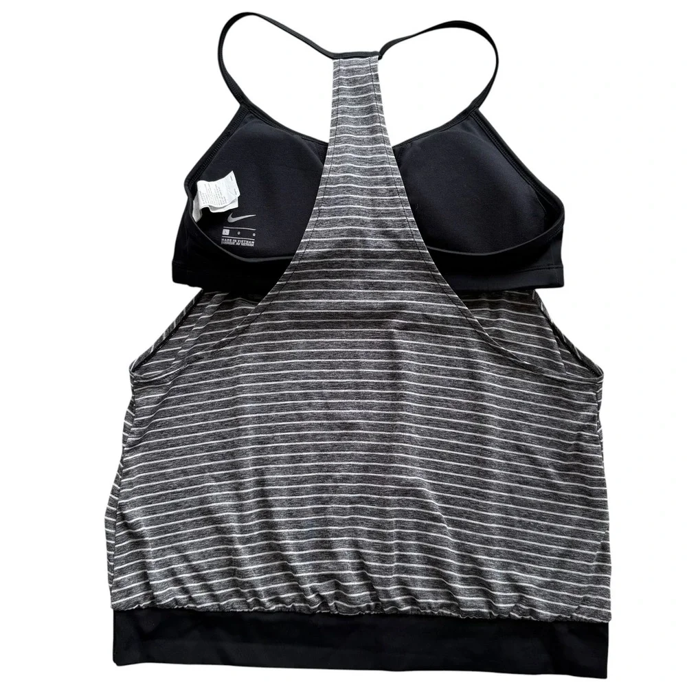 Nike Women L Grey Black Heather Stripe Layered Sport T-Back Tankini Top NESS8216